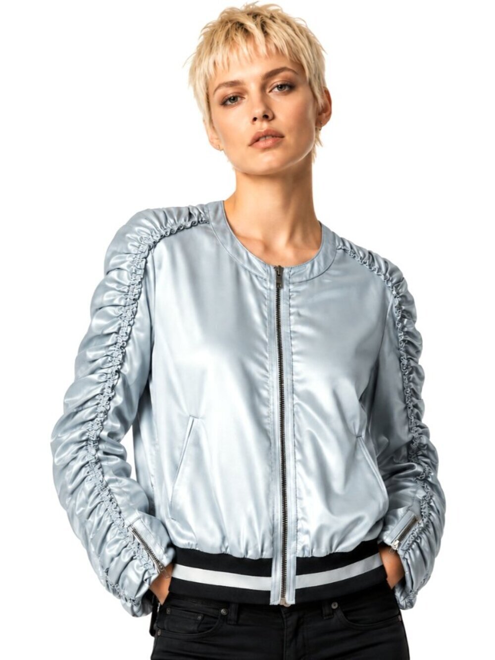 William Rast Grey Blue Ruched Sleeve Bomber Jacket